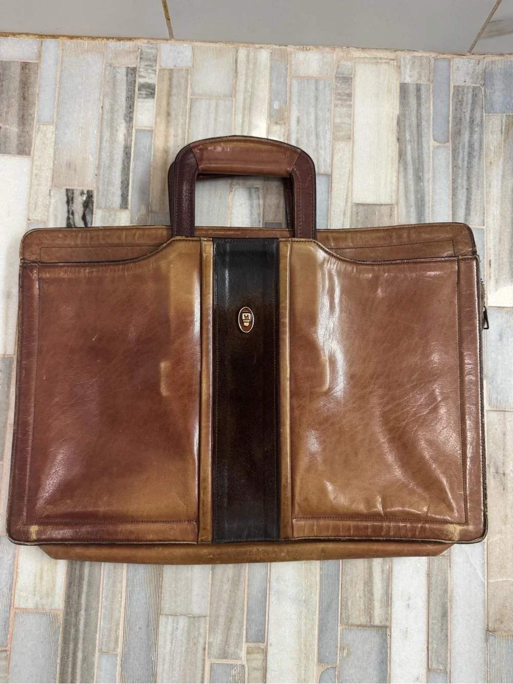 Rare vintage Oleg Cassini leather briefcase two tone leather drop handles zip